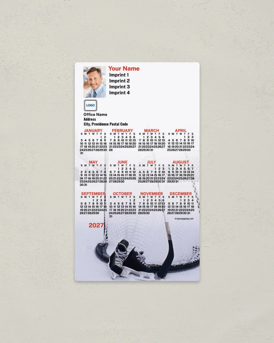This is a 4" x 7" Full Magnet Calendar called Hockey Skates & Net printed in full color with a Standard Gloss finish