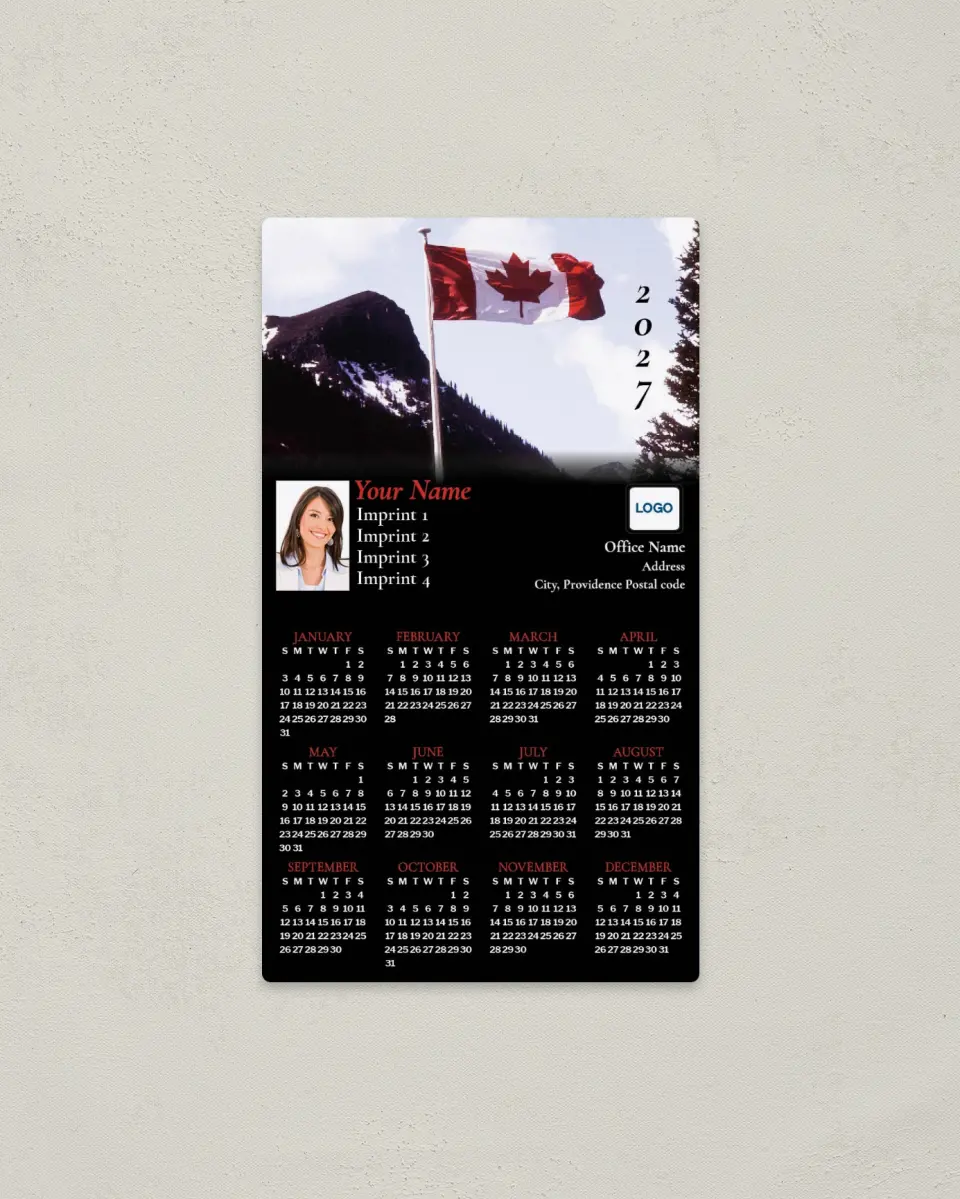 This is a 4" x 7" Full Magnet Calendar called Canadian Flag printed in full color with a Standard Gloss finish