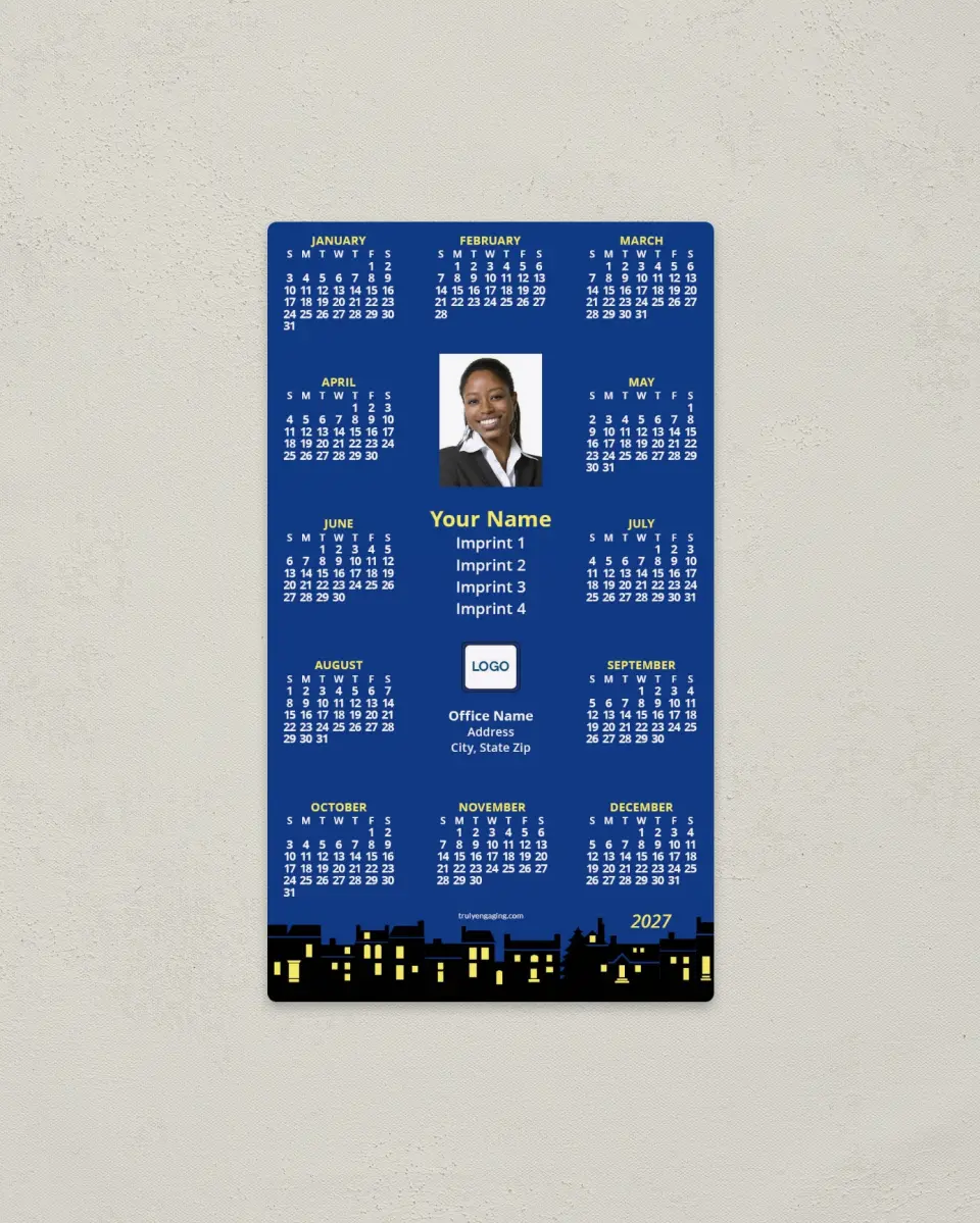 This is a 4" x 7" Full Magnet Calendar called City Clipart, Blue Background printed in full color with a Standard Gloss finish
