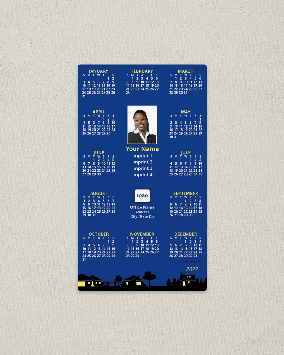 This is a 4" x 7" Full Magnet Calendar called Suburban Homes, Blue Background printed in full color with a Standard Gloss finish