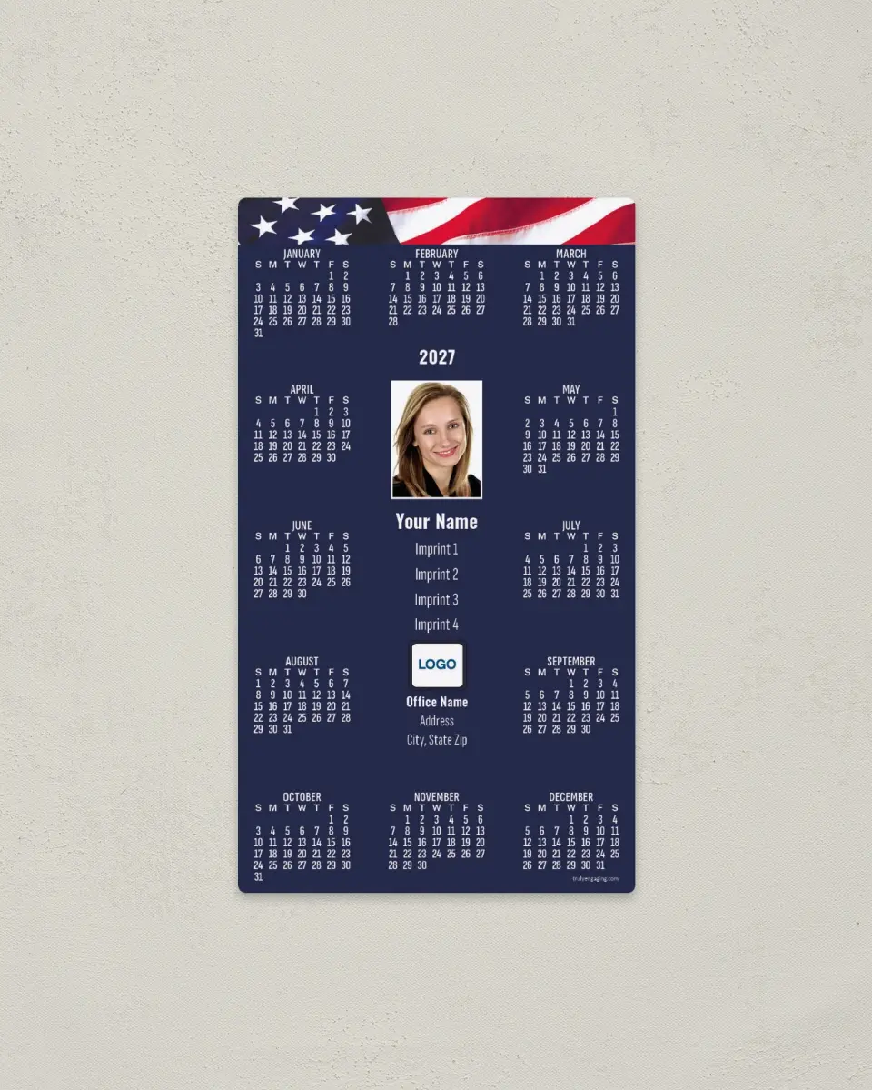 This is a 4" x 7" Full Magnet Calendar called Blue Background with Flag printed in full color with a Standard Gloss finish