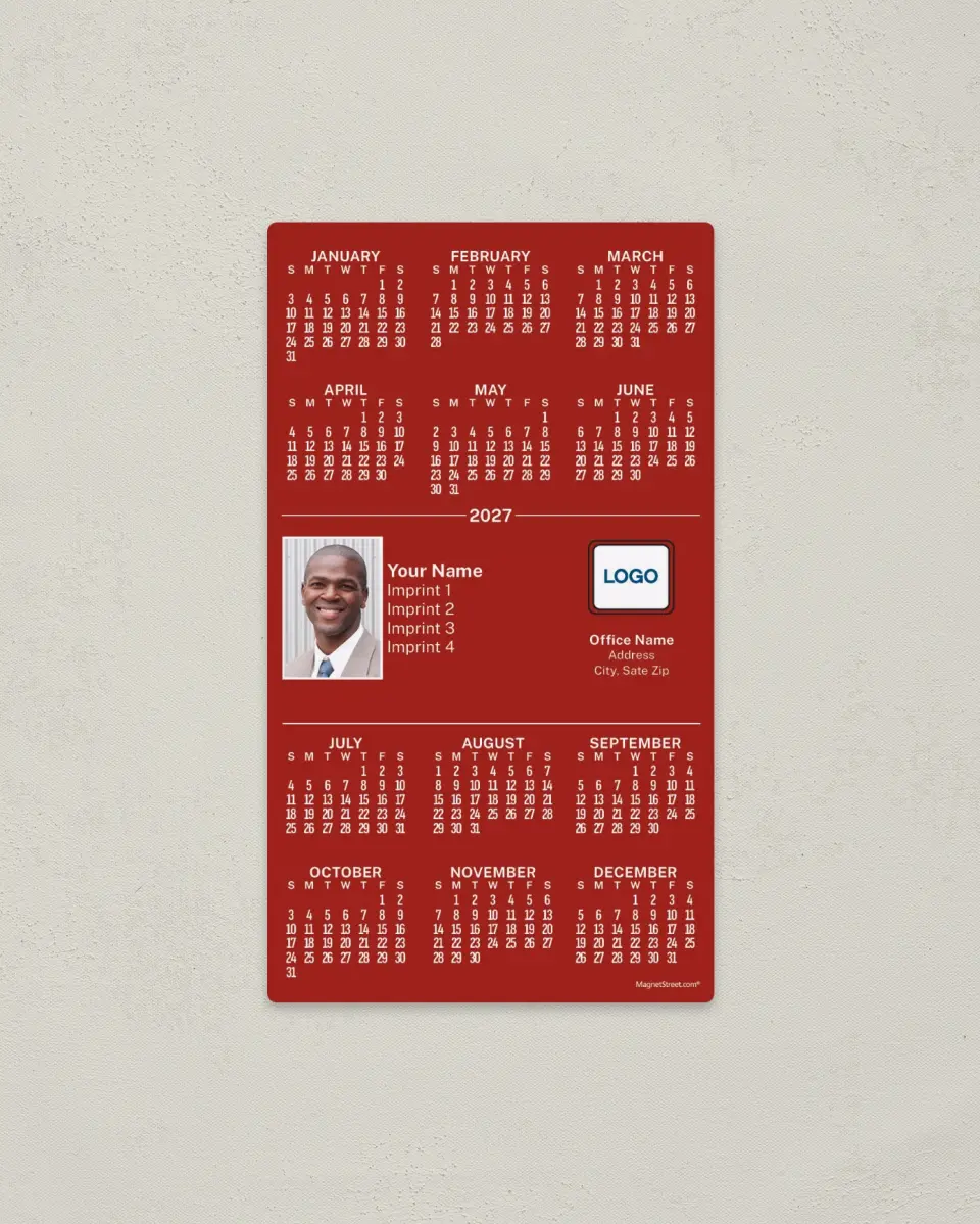 This is a 4" x 7" Full Magnet Calendar called Red Background printed in full color with a Standard Gloss finish