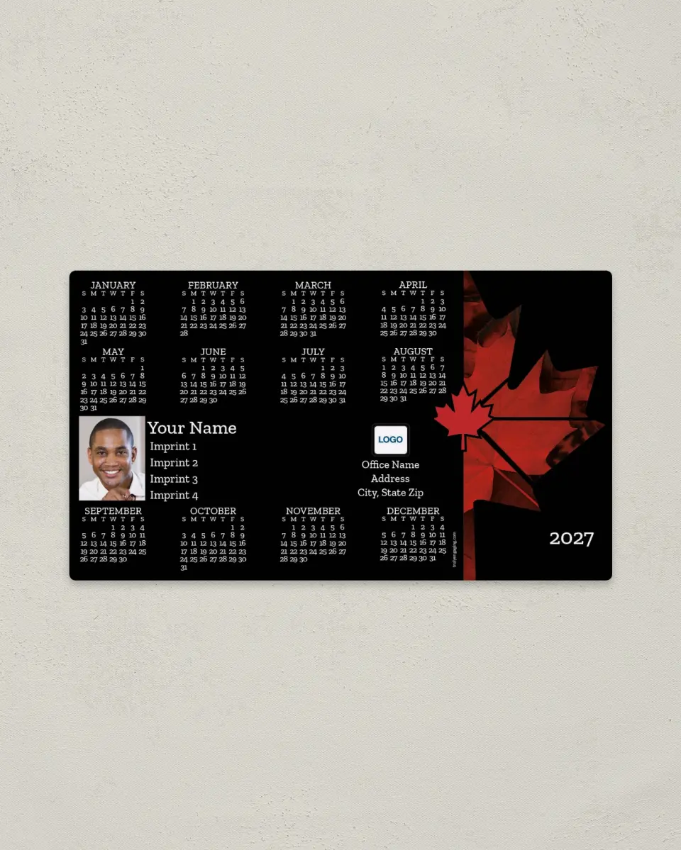 This is a 4" x 7" Full Magnet Calendar called Maple Leaf Mosaic on Black Background printed in full color with a Standard Gloss finish