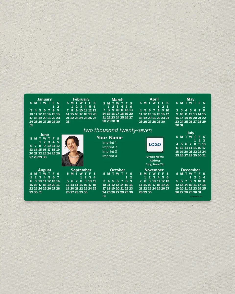 This is a 4" x 7" Full Magnet Calendar called Green Background printed in full color with a Standard Gloss finish