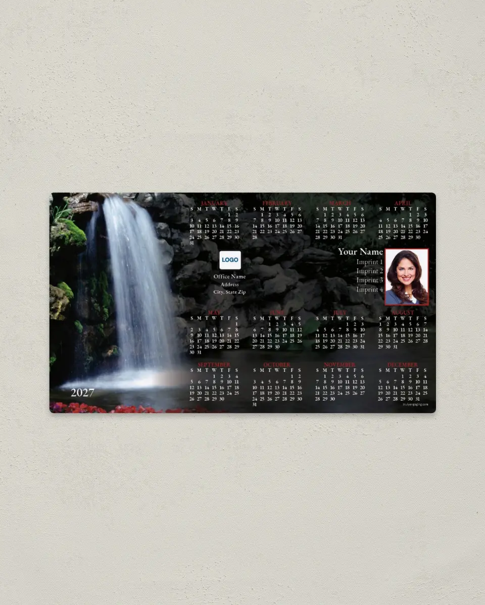 This is a 4" x 7" Full Magnet Calendar called Waterfall with Red Flowers printed in full color with a Standard Gloss finish