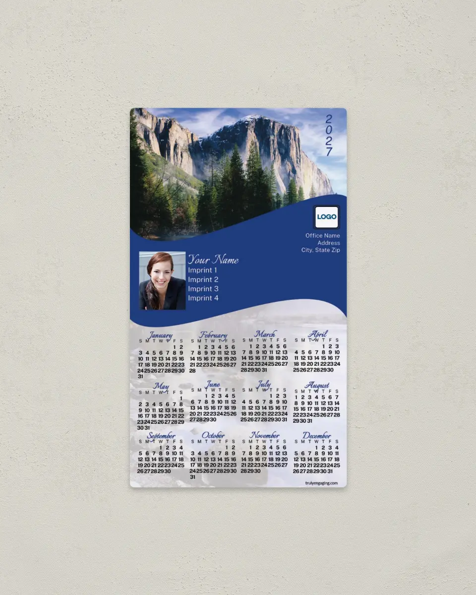 This is a 4" x 7" Full Magnet Calendar called Mountain Cliffs printed in full color with a Standard Gloss finish