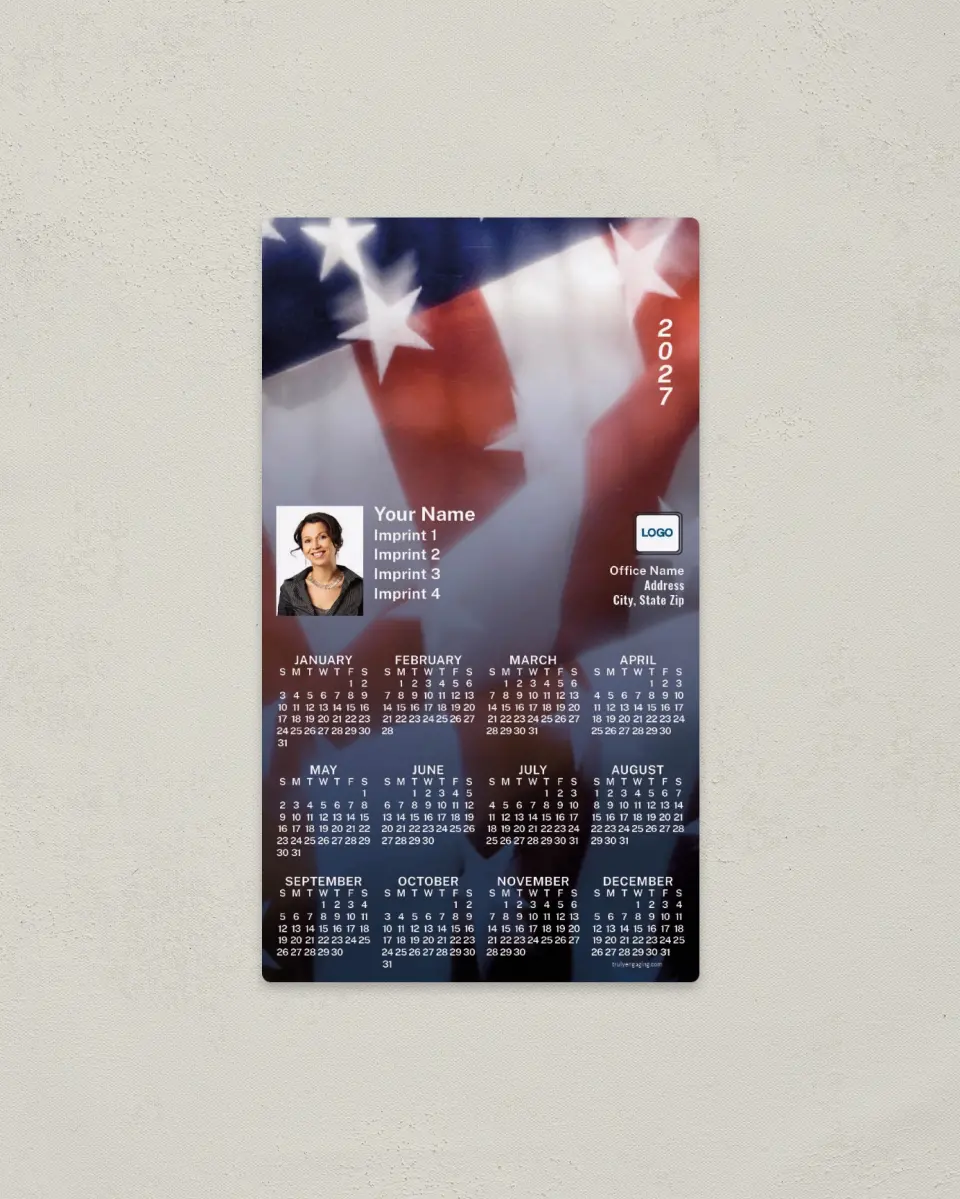 This is a 4" x 7" Full Magnet Calendar called American Flag printed in full color with a Standard Gloss finish