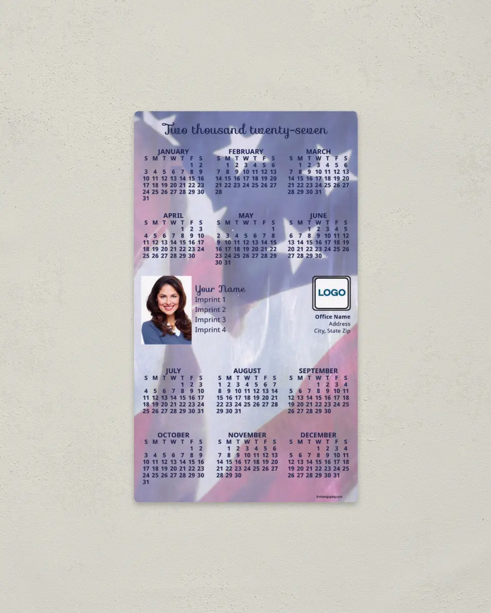 This is a 4" x 7" Full Magnet Calendar called Faded American Flag printed in full color with a Standard Gloss finish
