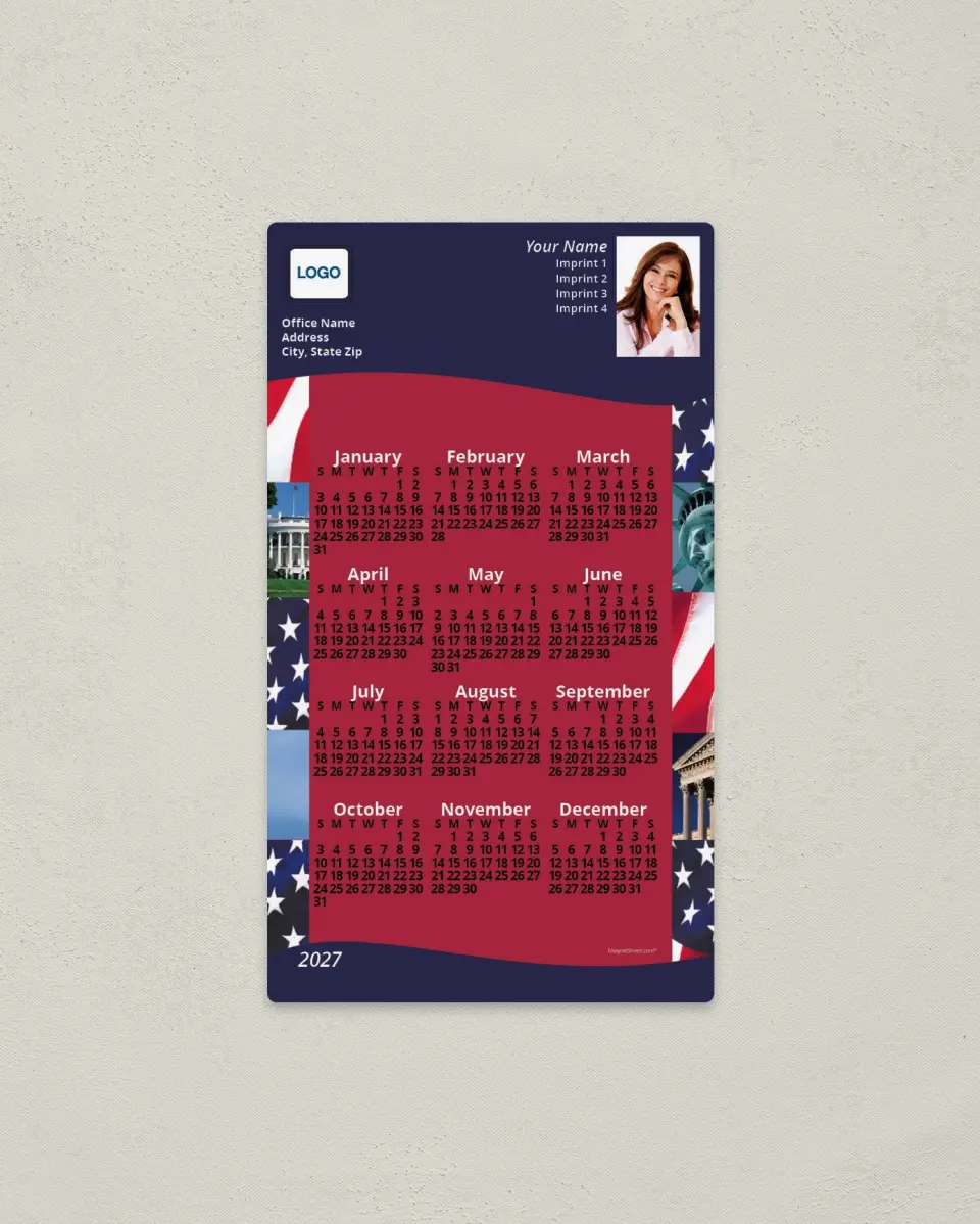 This is a 4" x 7" Full Magnet Calendar called Patriotic Photo Mosaic printed in full color with a Standard Gloss finish
