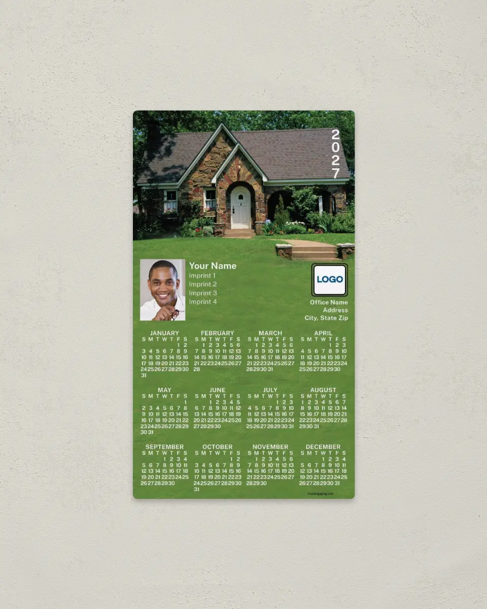 This is a 4" x 7" Full Magnet Calendar called Brick Home, Green Background printed in full color with a Standard Gloss finish