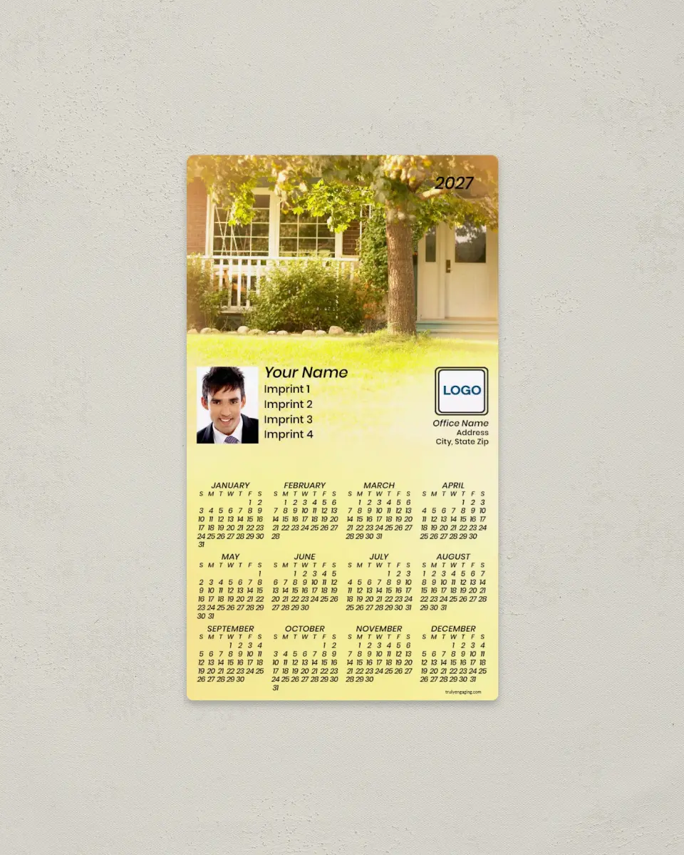 This is a 4" x 7" Full Magnet Calendar called Home in the Sun, Yellow Background printed in full color with a Standard Gloss finish