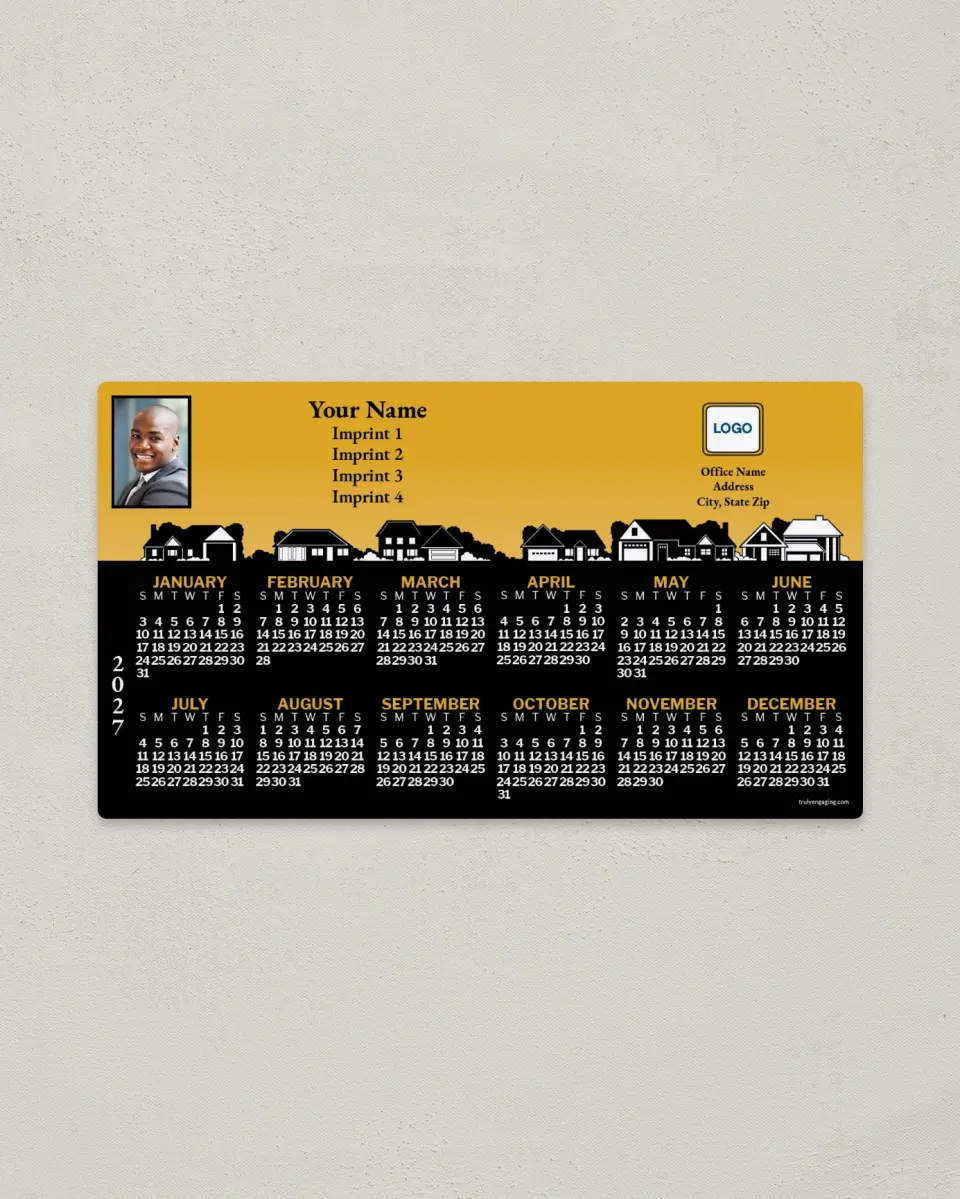 This is a 4" x 7" Full Magnet Calendar called Suburban Houses, Yellow and Black Background printed in full color with a Standard Gloss finish