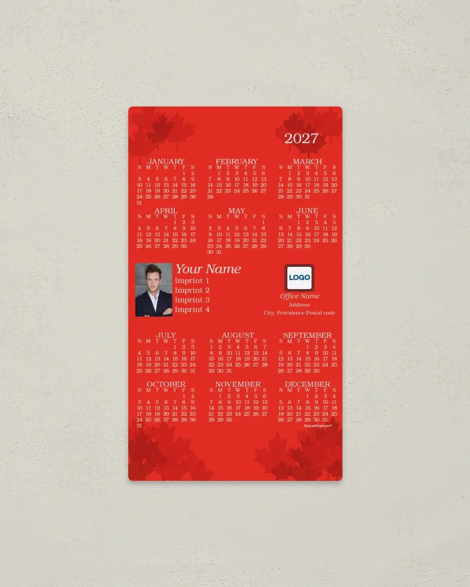 This is a 4" x 7" Full Magnet Calendar called Red Background with Maple Leaves printed in full color with a Standard Gloss finish