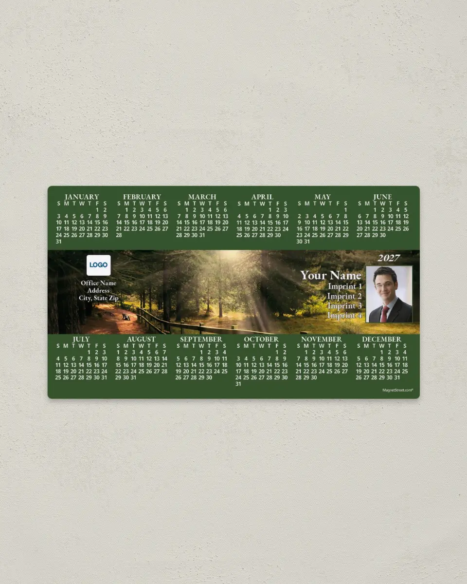 This is a 4" x 7" Full Magnet Calendar called Green Bars, Scenic View printed in full color with a Standard Gloss finish