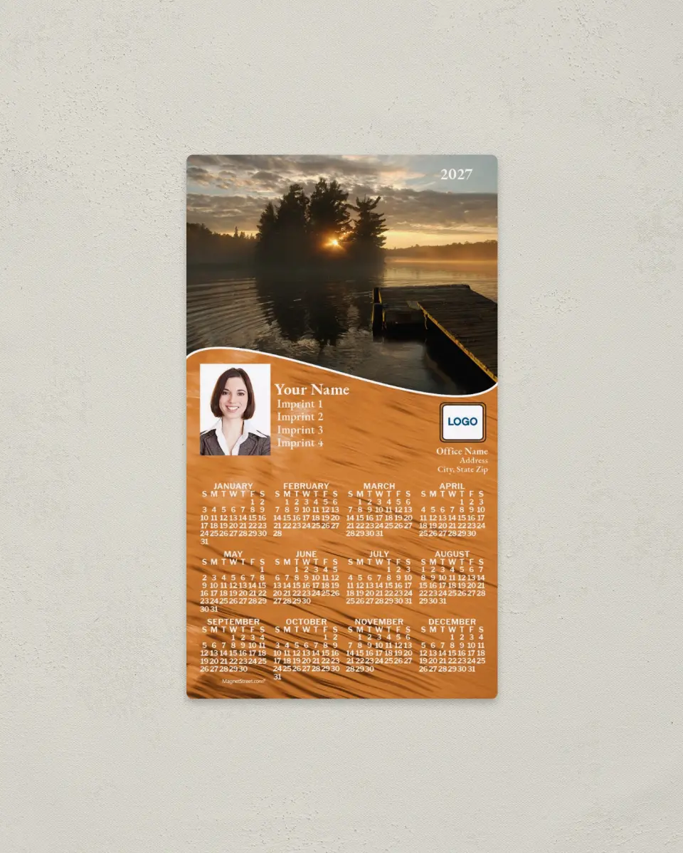 This is a 4" x 7" Full Magnet Calendar called Dock on the Lake at Sunset printed in full color with a Standard Gloss finish