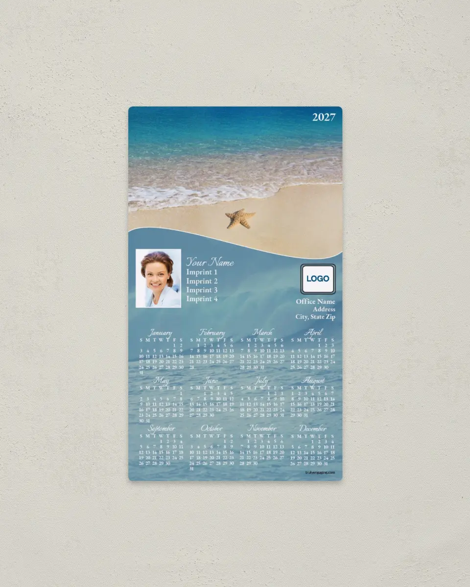 This is a 4" x 7" Full Magnet Calendar called Starfish on the Beach printed in full color with a Standard Gloss finish