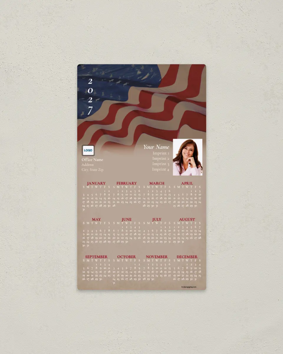 This is a 4" x 7" Full Magnet Calendar called American Flag Background, Tan Fade printed in full color with a Standard Gloss finish