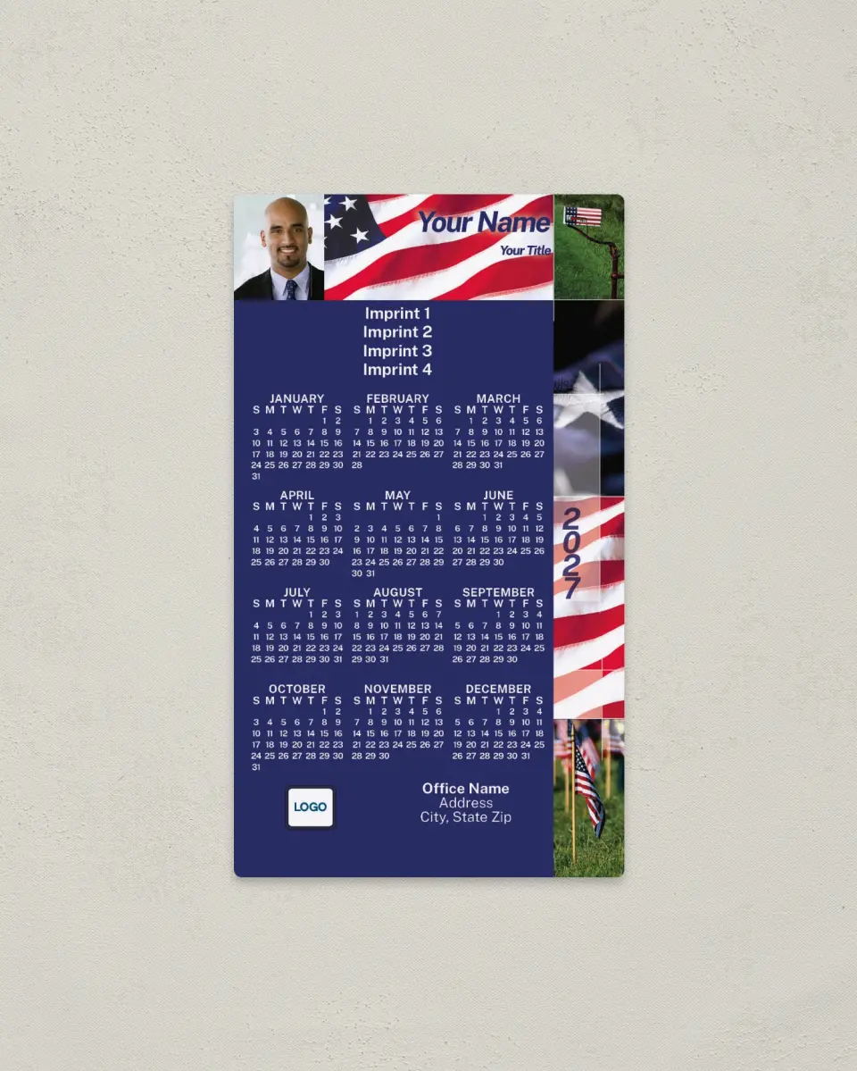 This is a 4" x 7" Full Magnet Calendar called Flag Mosaic, Navy Blue Background printed in full color with a Standard Gloss finish