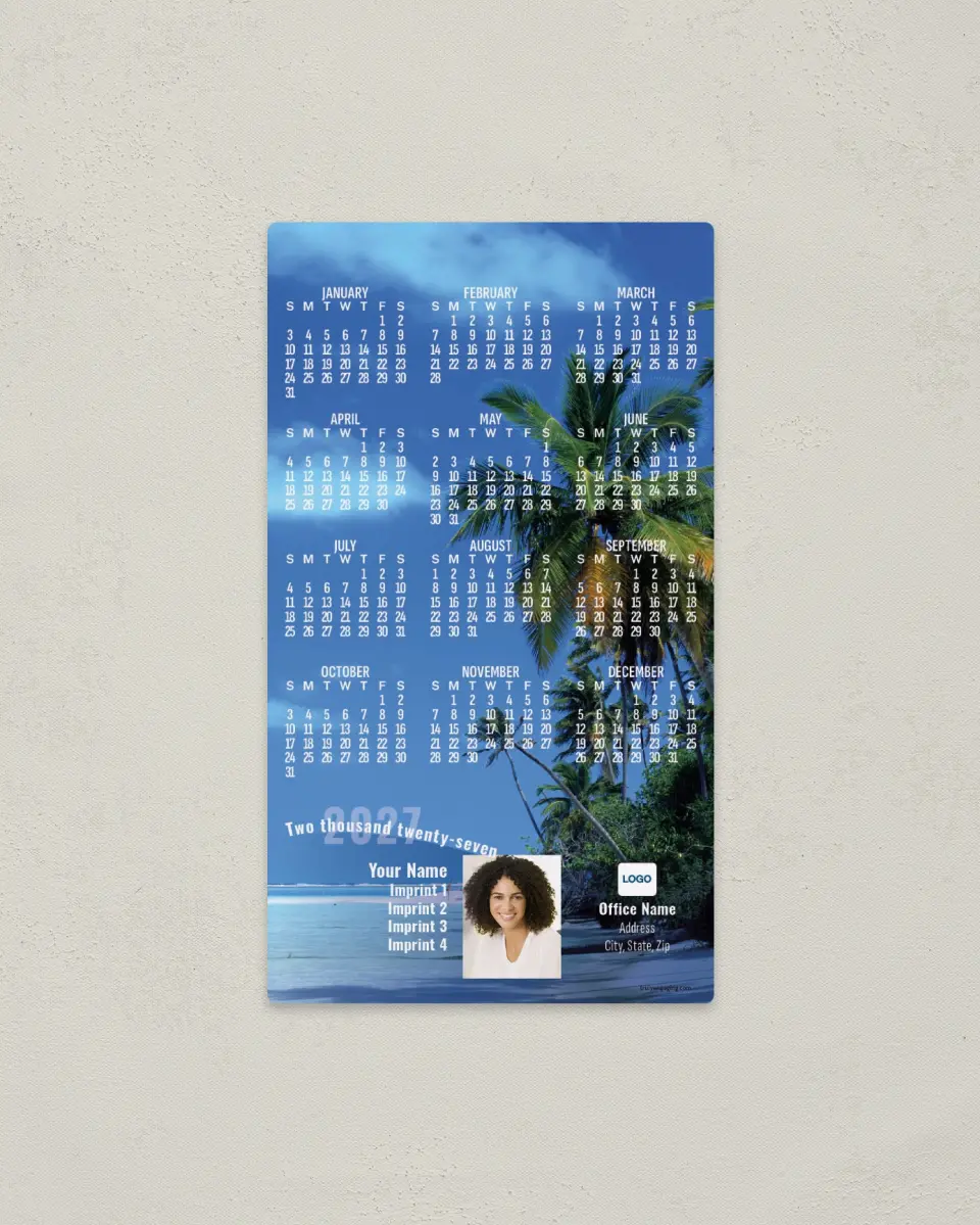 This is a 4" x 7" Full Magnet Calendar called Palm Tree Scenic View printed in full color with a Standard Gloss finish