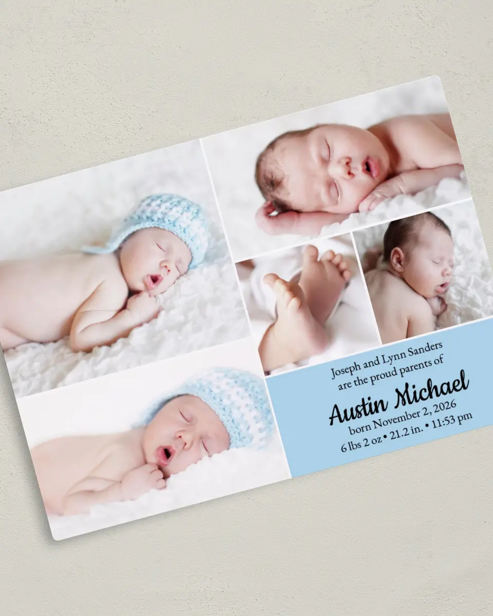 This is a 5" x 7" Birth Announcement Magnet called Photo Collage printed in full color with a Luxe Satin finish