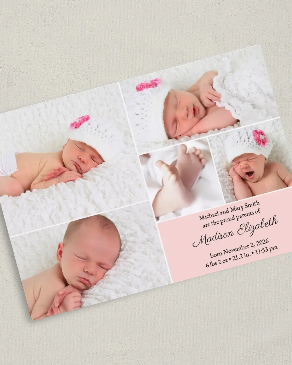 This is a 5" x 7" Birth Announcement Magnet called Photo Collage printed in full color with a Luxe Satin finish