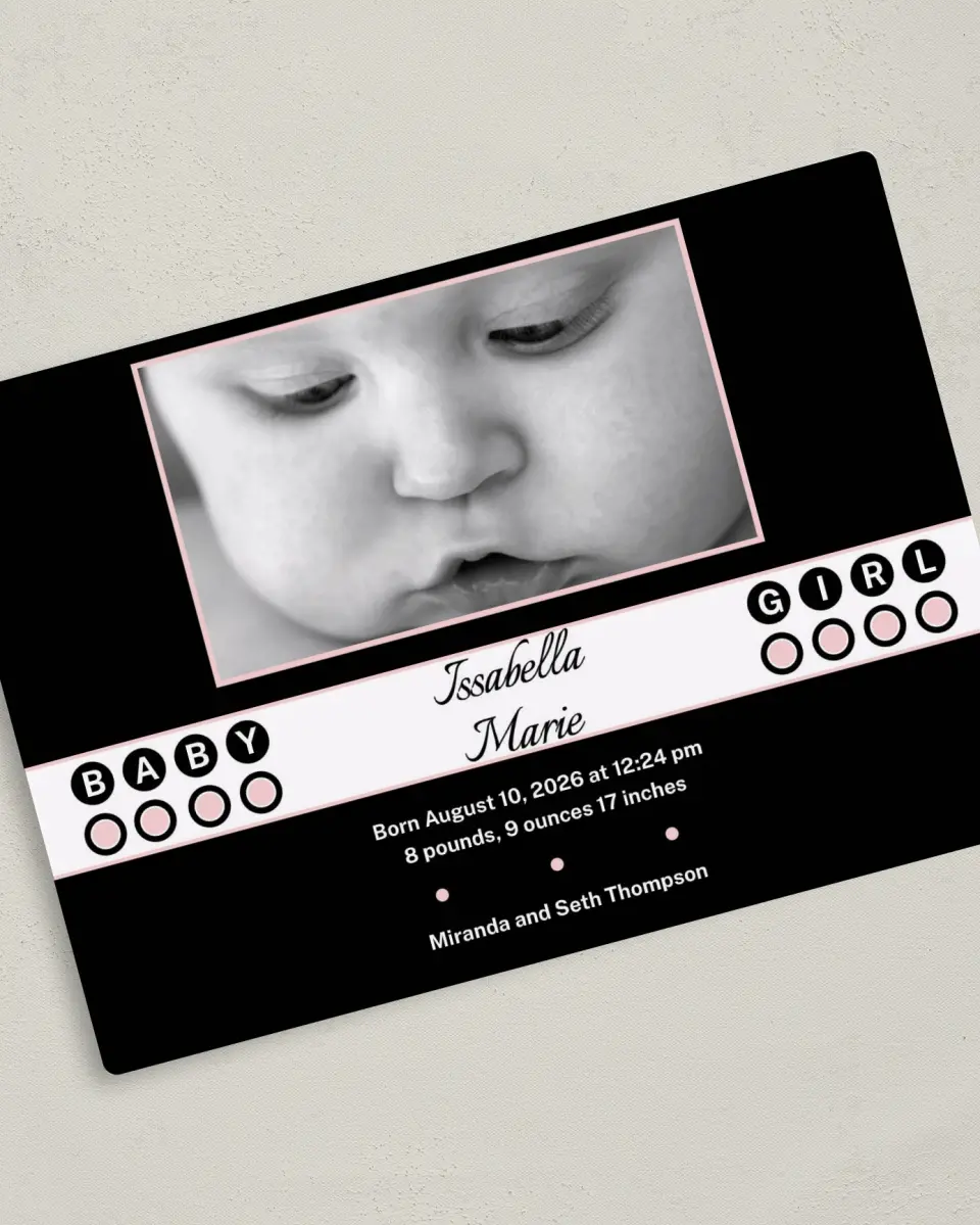 This is a 5" x 7" Birth Announcement Magnet called Baby Doll Girl printed in full color with a Luxe Satin finish