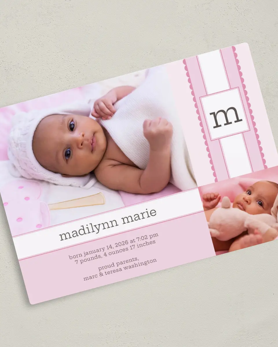 This is a 5" x 7" Birth Announcement Magnet called Ribbon printed in full color with a Luxe Satin finish