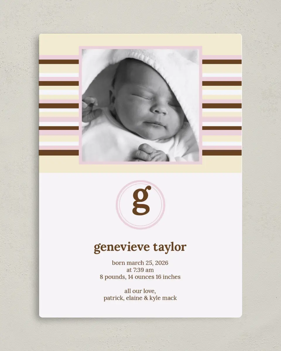 This is a 5" x 7" Birth Announcement Magnet called Striped Monogram printed in full color with a Luxe Satin finish