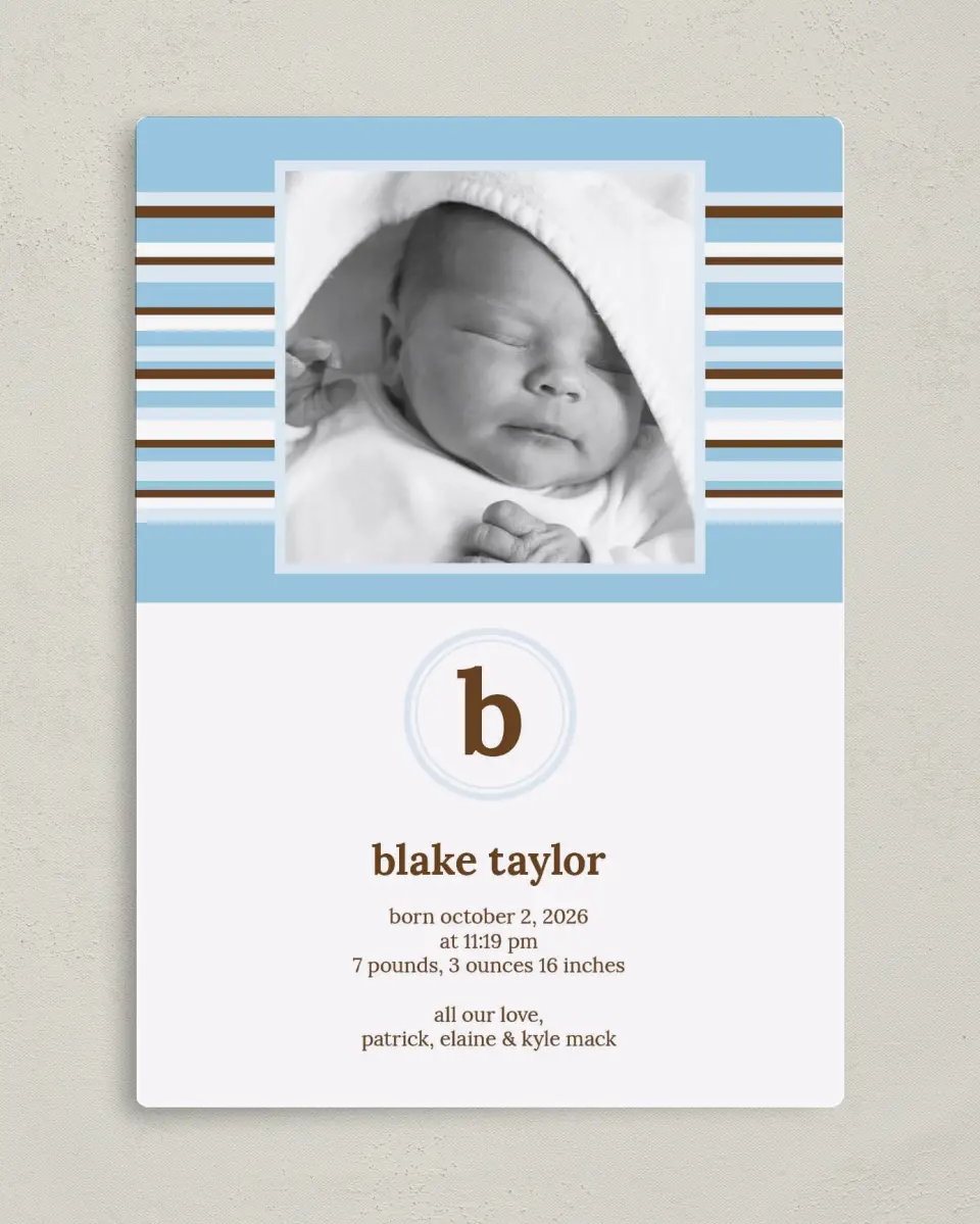This is a 5" x 7" Birth Announcement Magnet called Striped Monogram printed in full color with a Luxe Satin finish
