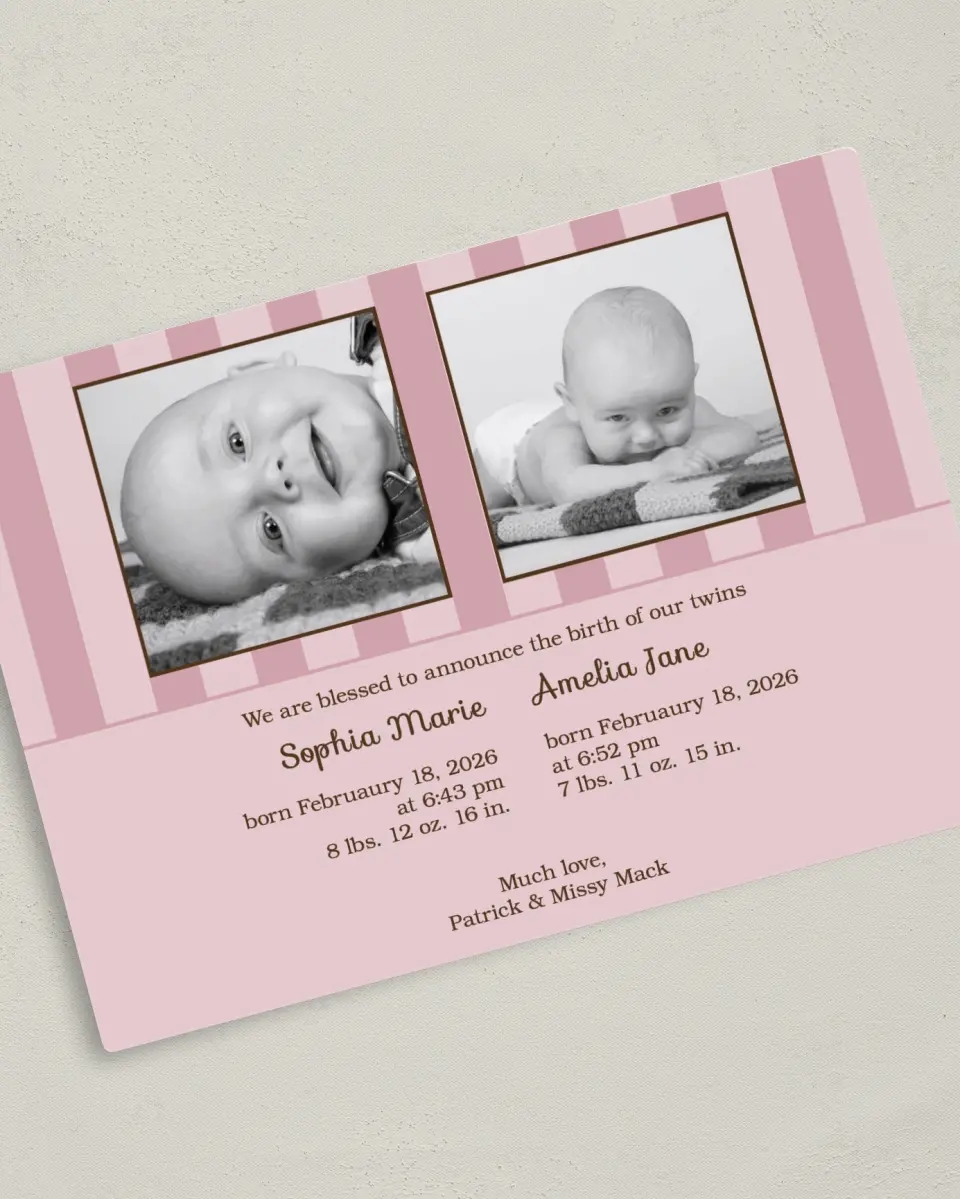 This is a 5" x 7" Birth Announcement Magnet called Twins - Stripes printed in full color with a Luxe Satin finish