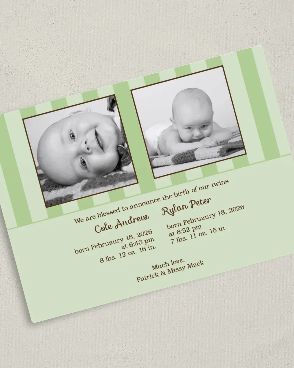 This is a 5" x 7" Birth Announcement Magnet called Twins - Stripes printed in full color with a Luxe Satin finish