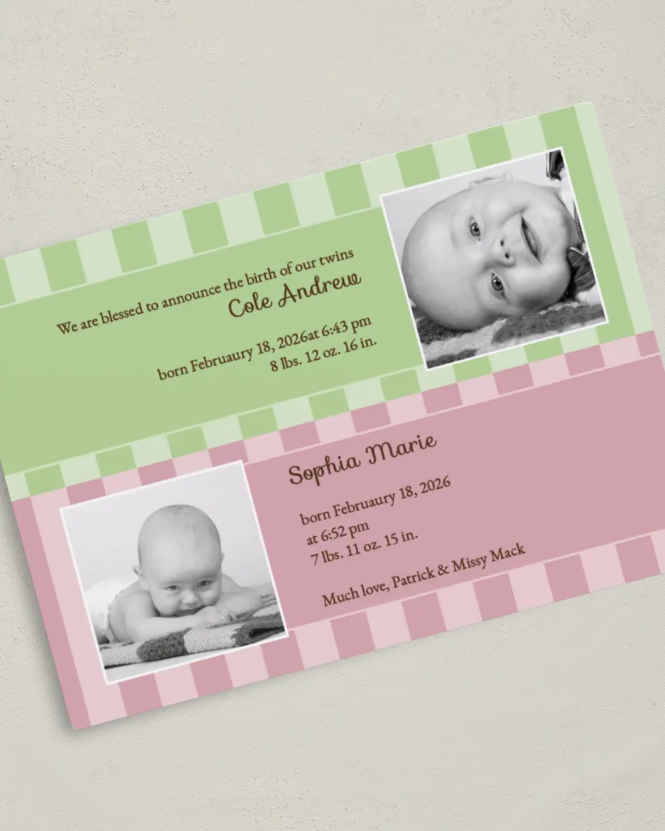 This is a 5" x 7" Birth Announcement Magnet called Fraternal Twins - Stripes printed in full color with a Luxe Satin finish