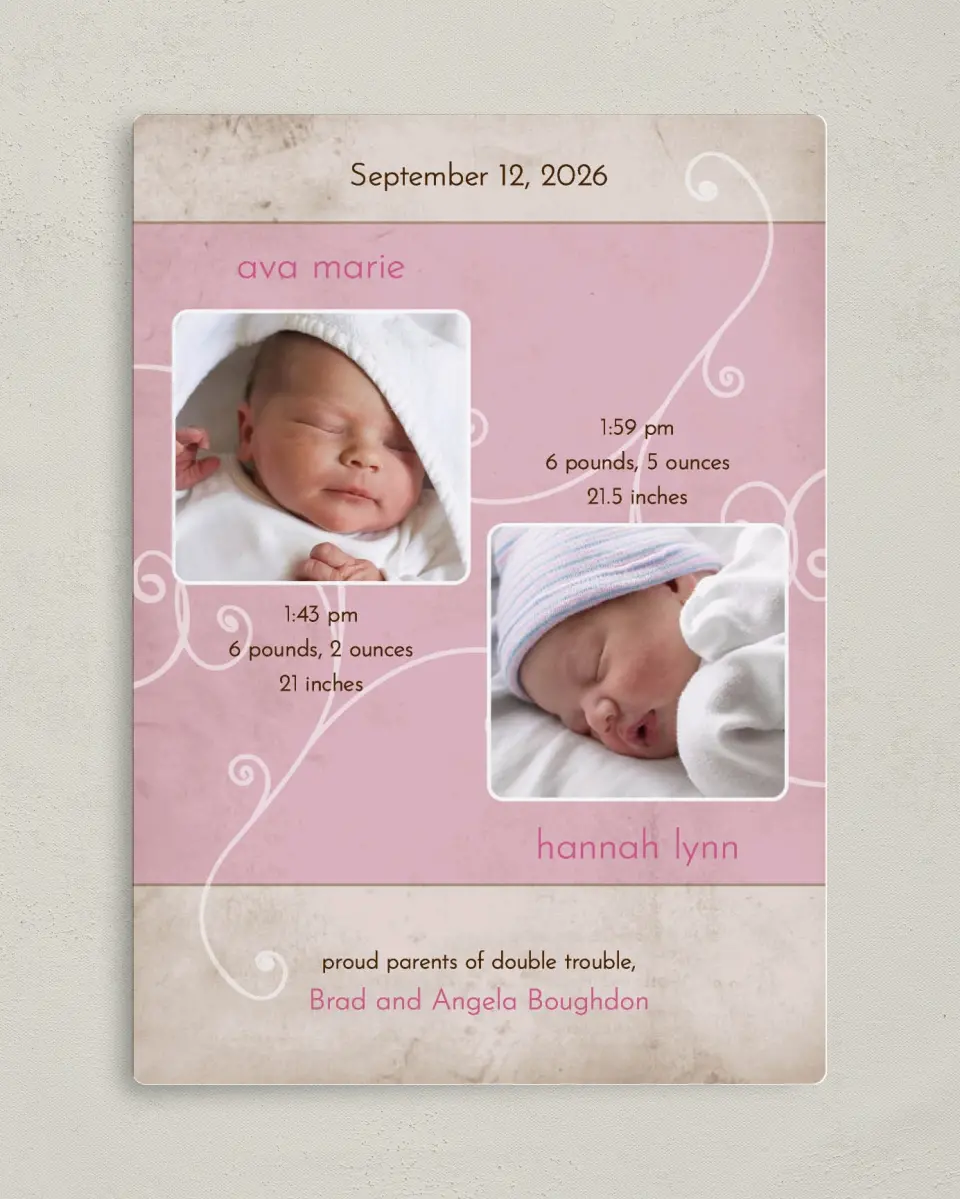 This is a 5" x 7" Birth Announcement Magnet called Twins - Swirls printed in full color with a Luxe Satin finish