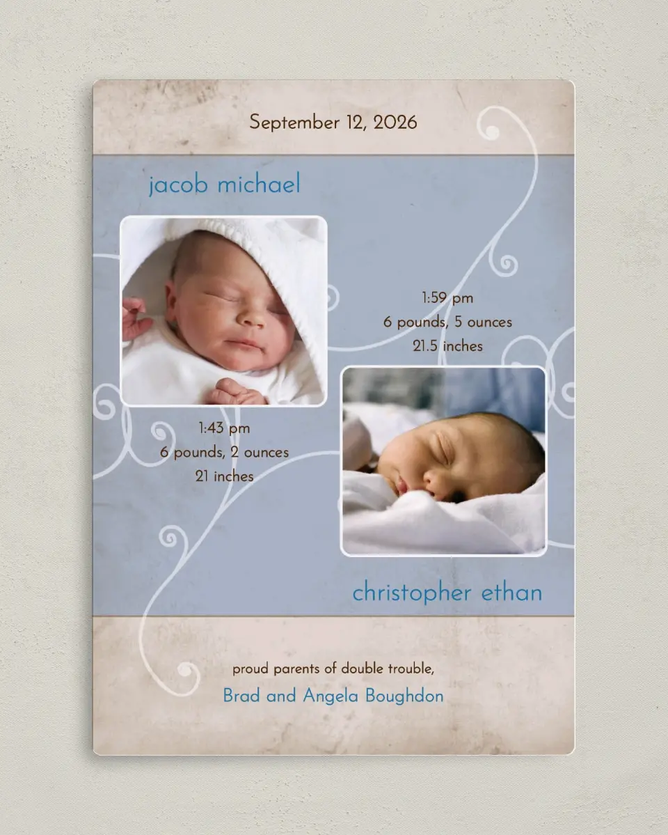 This is a 5" x 7" Birth Announcement Magnet called Twins - Swirls printed in full color with a Luxe Satin finish