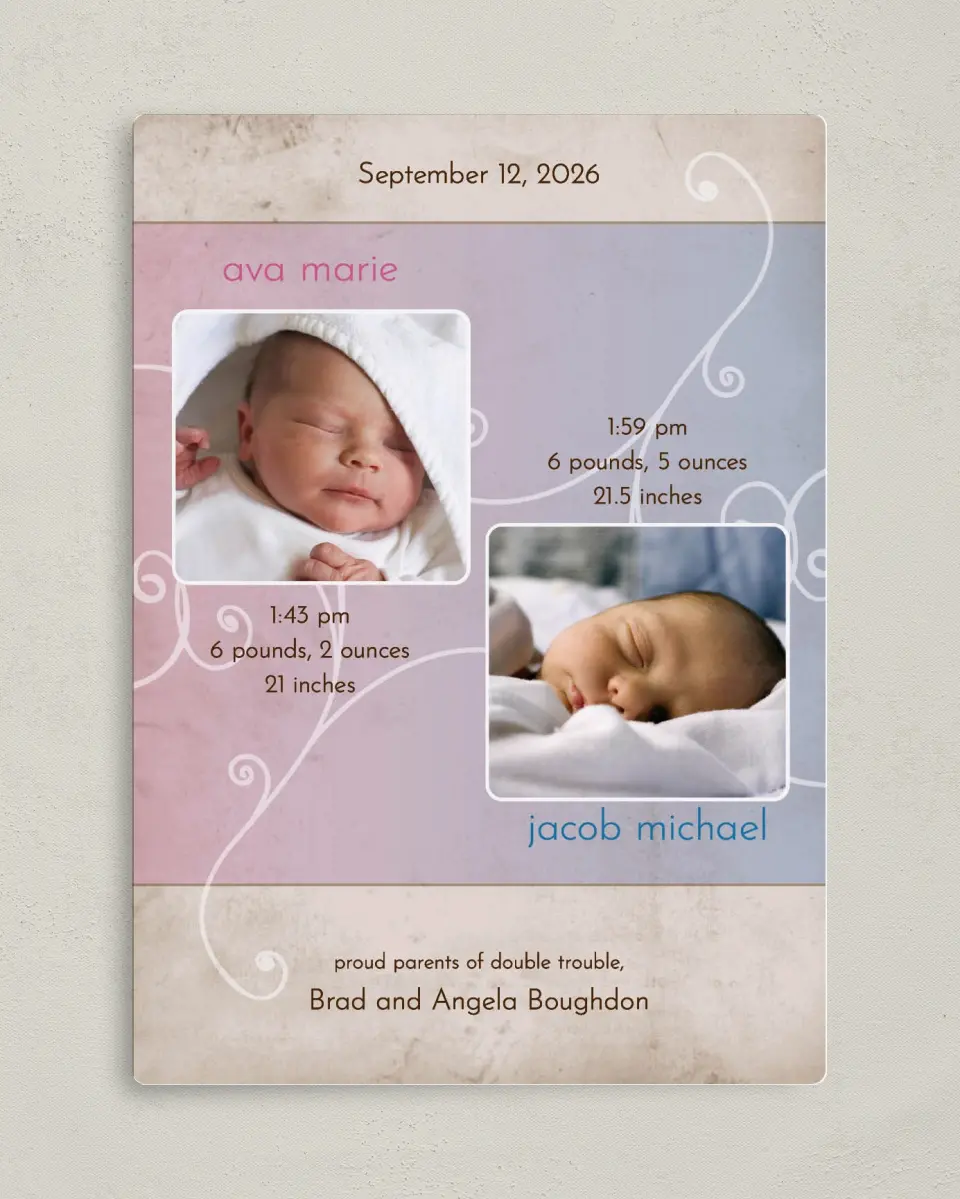 This is a 5" x 7" Birth Announcement Magnet called Fraternal Twins - Swirls printed in full color with a Luxe Satin finish