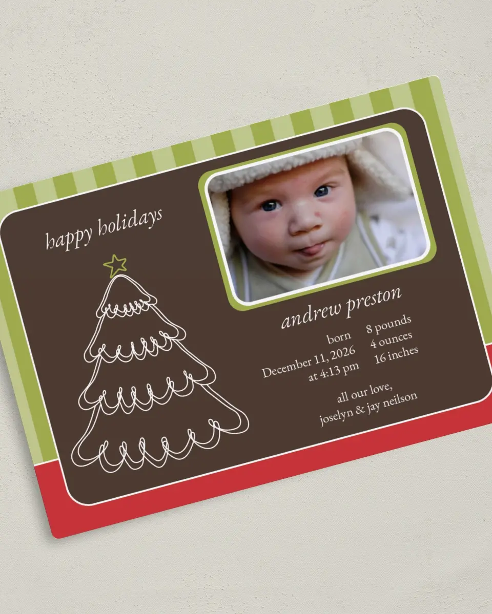 This is a 5" x 7" Birth Announcement Magnet called Christmas Tree printed in full color with a Luxe Satin finish