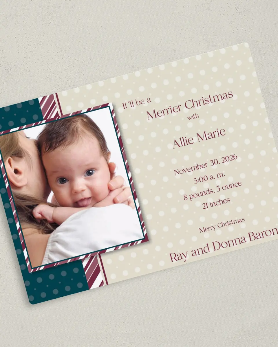 This is a 5" x 7" Birth Announcement Magnet called Candy Christmas printed in full color with a Luxe Satin finish