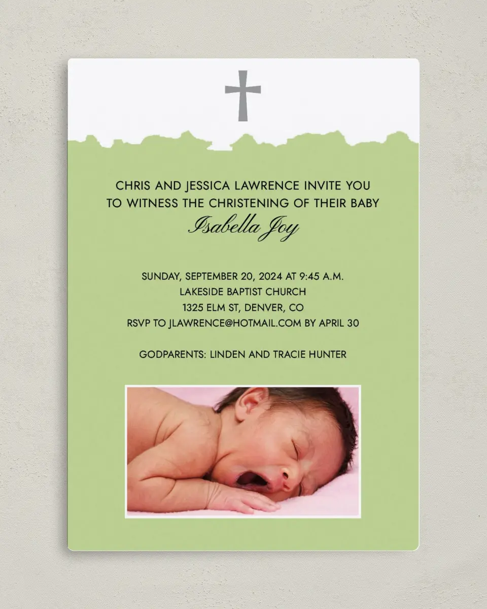 This is a 5" x 7" Christening Invitation Magnet called Shabby Cross printed in full color with a Luxe Satin finish