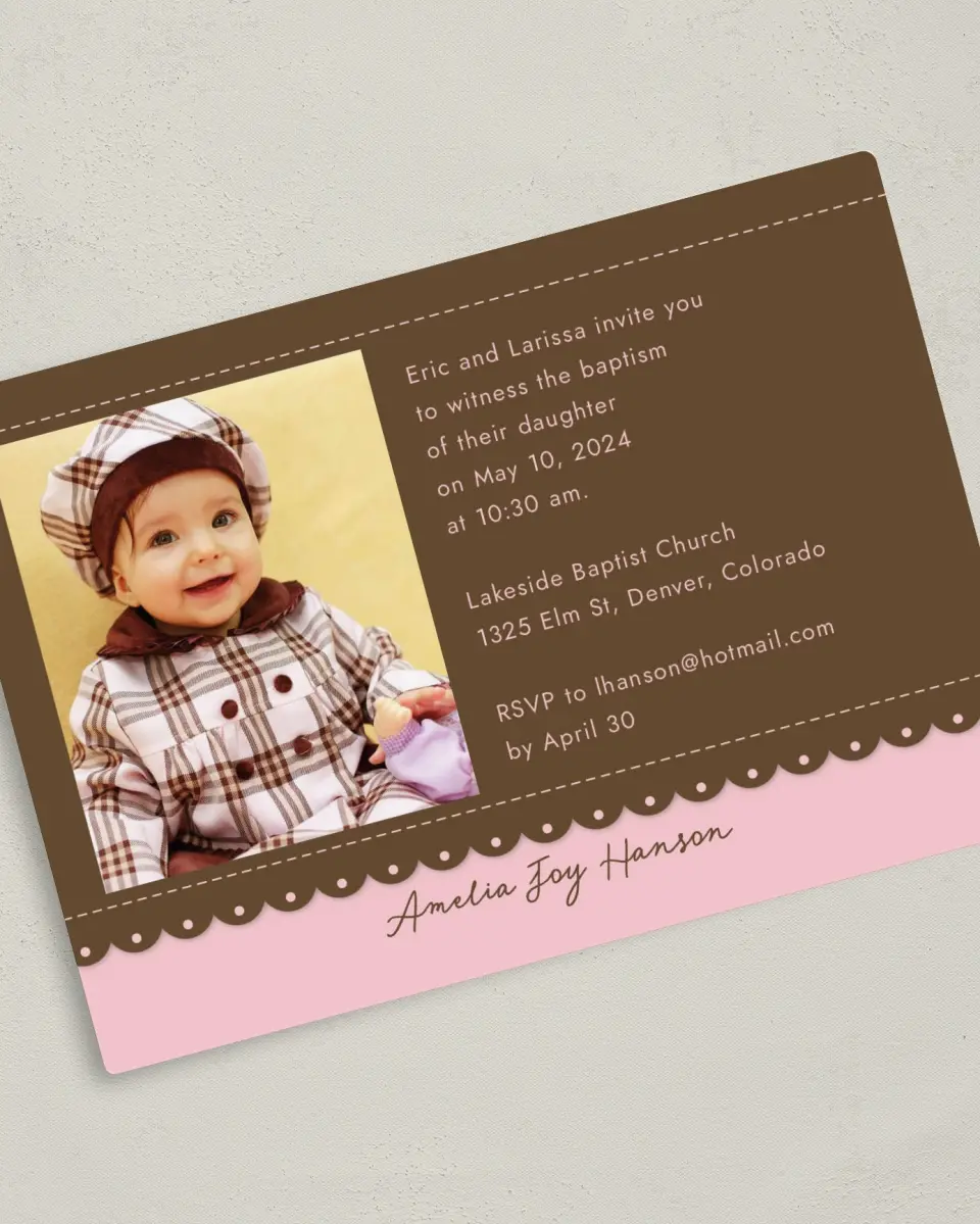 This is a 5" x 7" Baptism Invitation Magnet called Pink Attraction printed in full color with a Luxe Satin finish