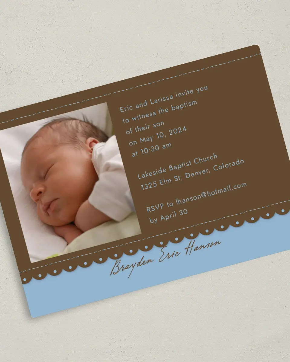 This is a 5" x 7" Baptism Invitation Magnet called Blue Attraction printed in full color with a Luxe Satin finish