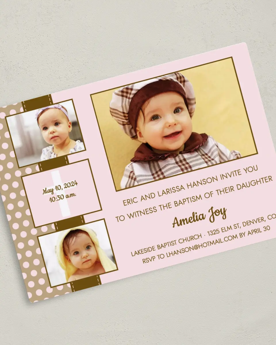 This is a 5" x 7" Baptism Invitation Magnet called Expression printed in full color with a Luxe Satin finish