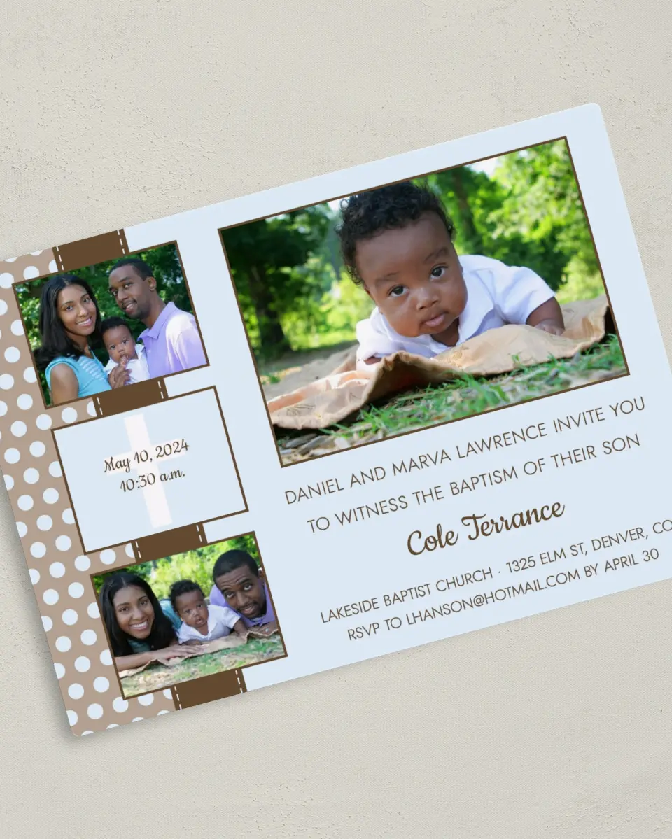 This is a 5" x 7" Baptism Invitation Magnet called Expression printed in full color with a Luxe Satin finish
