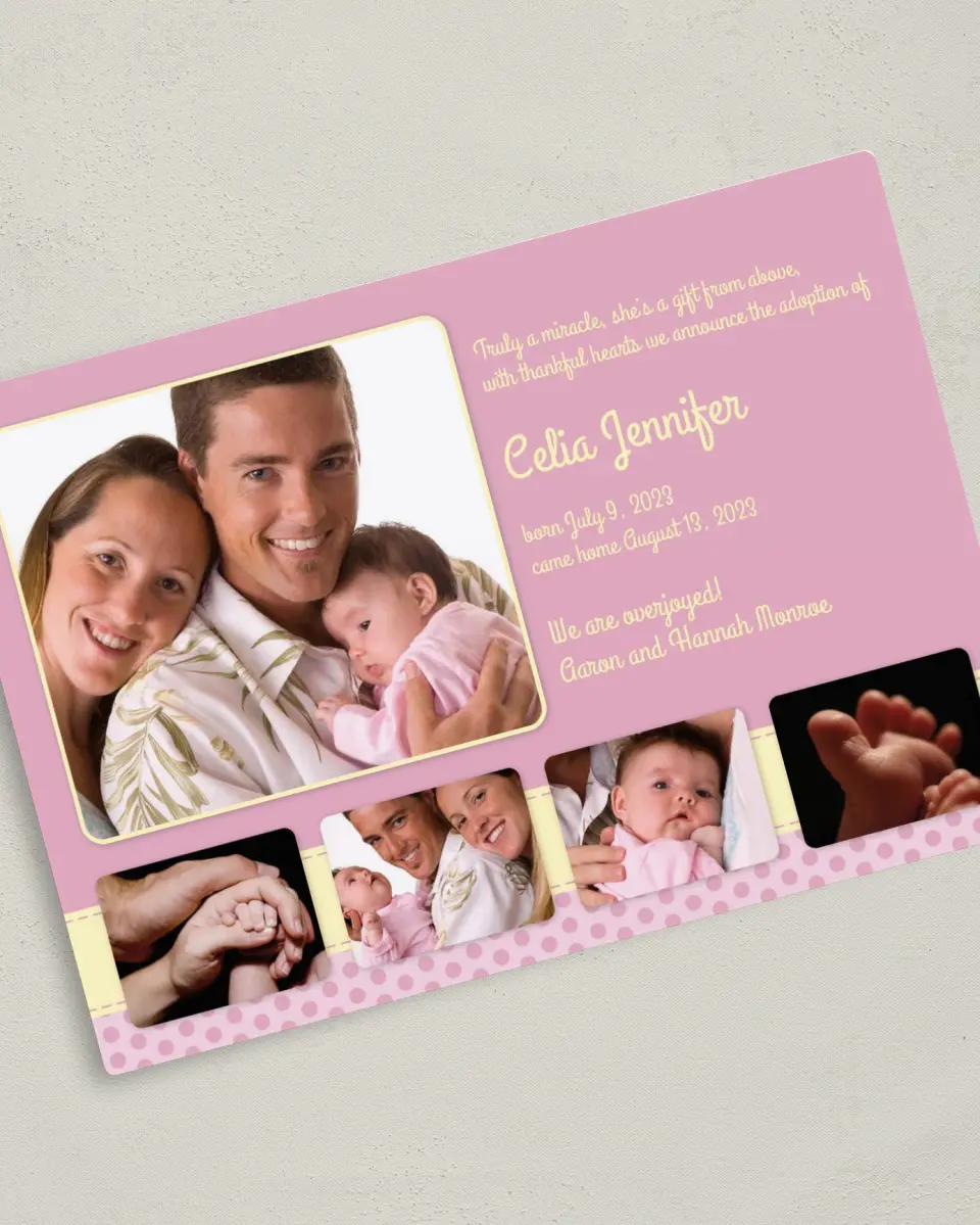 This is a 5" x 7" Adoption Announcement Magnet called Miracle printed in full color with a Luxe Satin finish