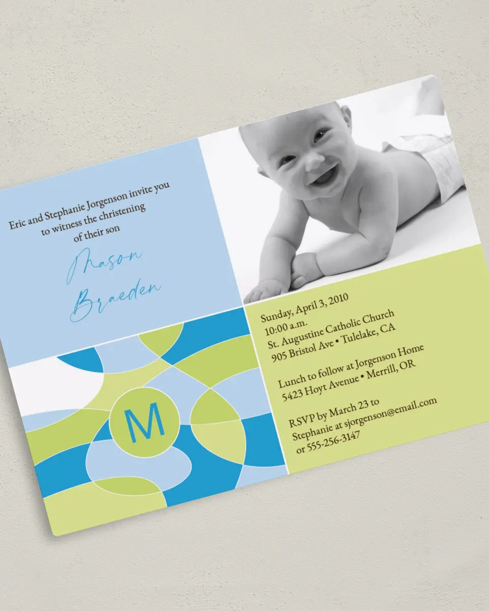 This is a 5" x 7" Christening Invitation Magnet called Stain Glass printed in full color with a Luxe Satin finish