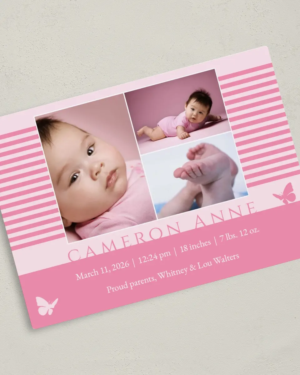 This is a 5" x 7" Birth Announcement Magnet called Butterfly Baby printed in full color with a Luxe Satin finish