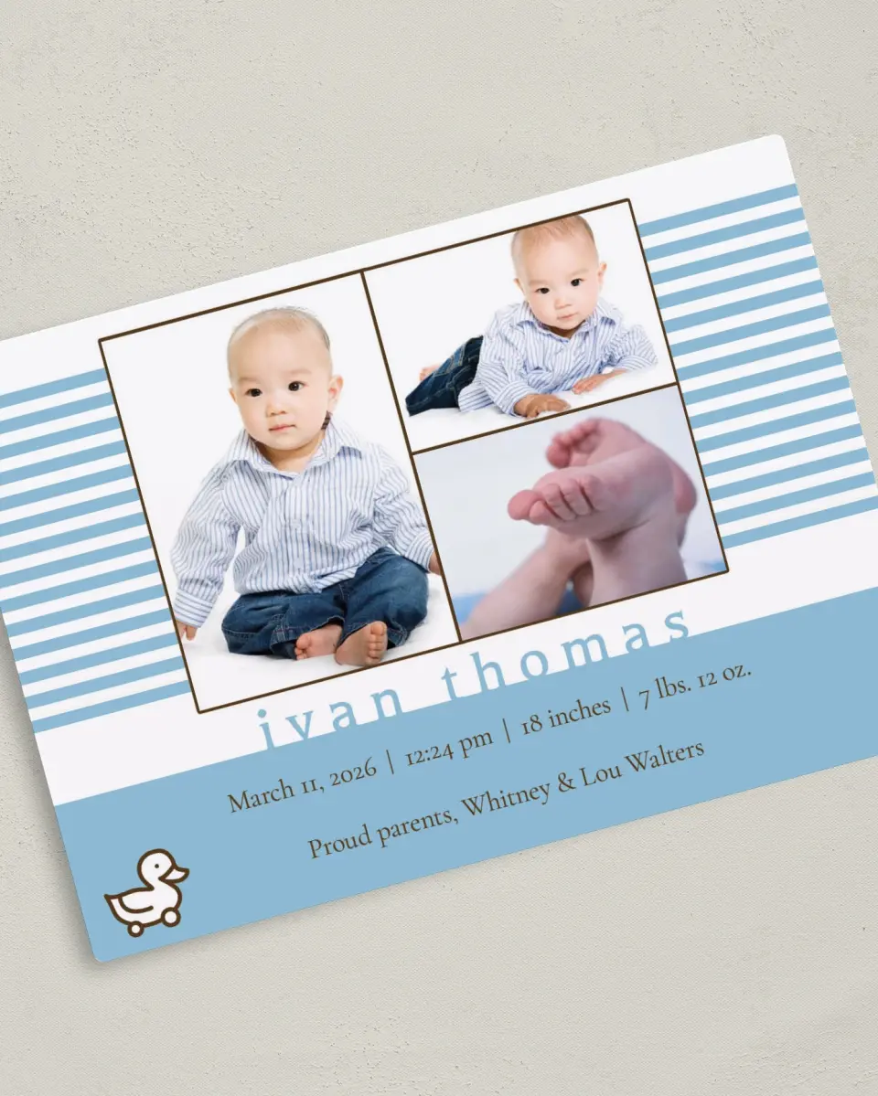 This is a 5" x 7" Birth Announcement Magnet called Classic Ducky printed in full color with a Luxe Satin finish