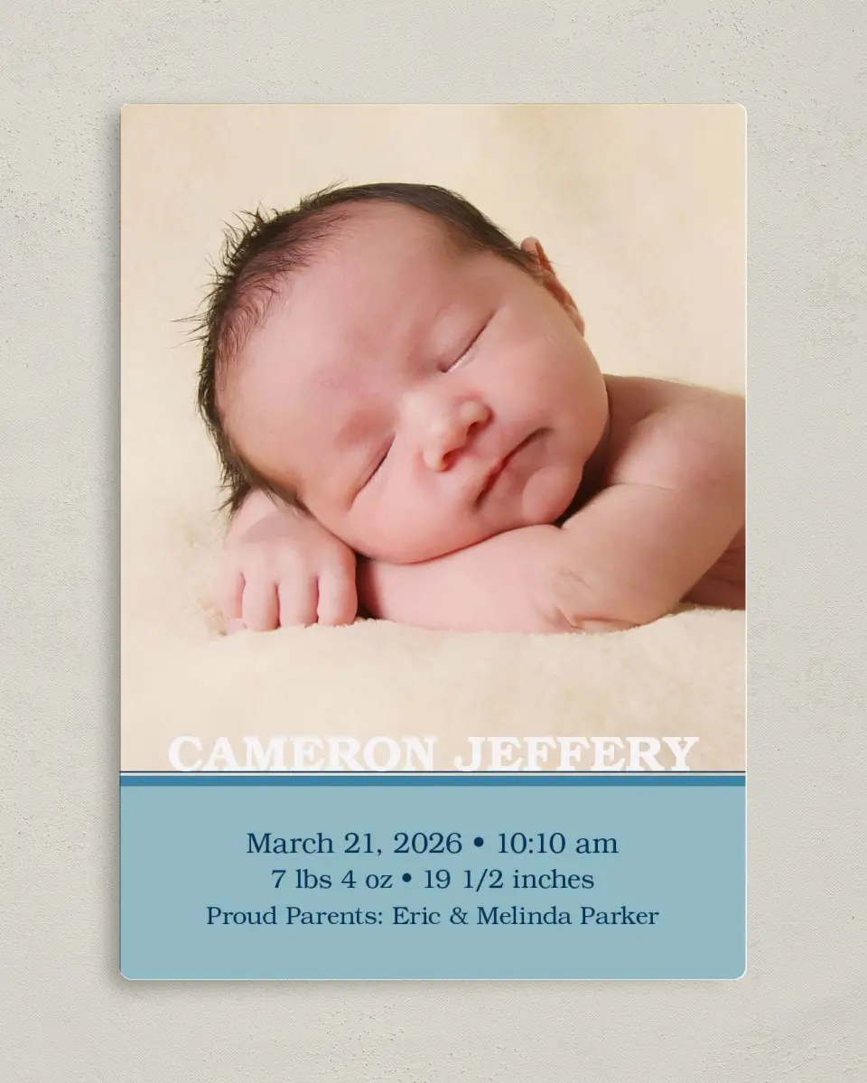 This is a 5" x 7" Birth Announcement Magnet called Blissful - Boy printed in full color with a Luxe Satin finish