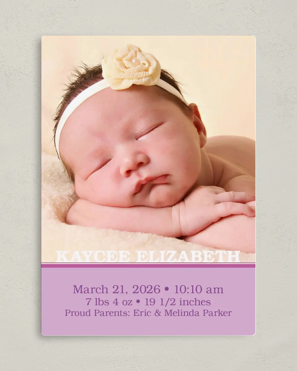This is a 5" x 7" Birth Announcement Magnet called Blissful - Girl printed in full color with a Luxe Satin finish