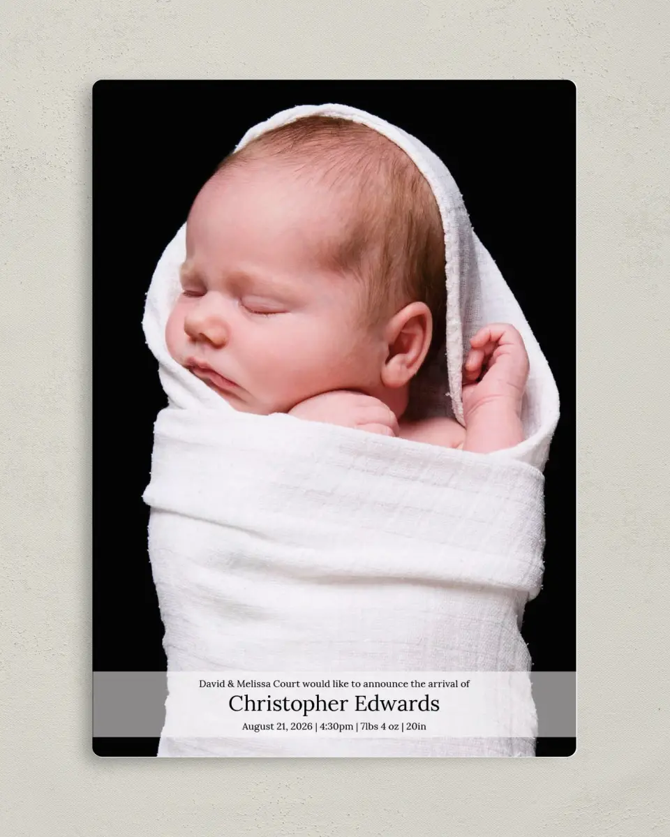 This is a 5" x 7" Birth Announcement Magnet called Wrapped in Love printed in full color with a Luxe Satin finish