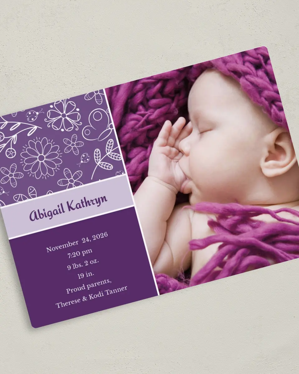This is a 5" x 7" Birth Announcement Magnet called Girly Girl printed in full color with a Luxe Satin finish